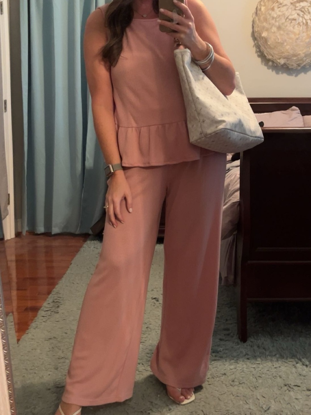 Amazon Women's Dusty Pink Ribbed Peplum Tank & Wide Leg Pants Set